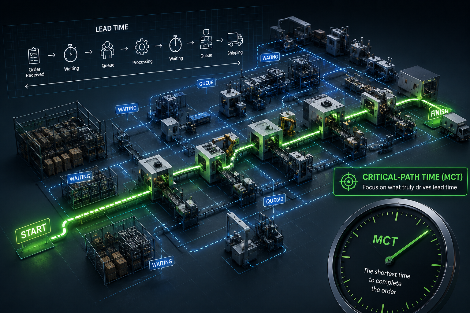 Manufacturing Critical-Path Time map showing calendar days from order to first piece