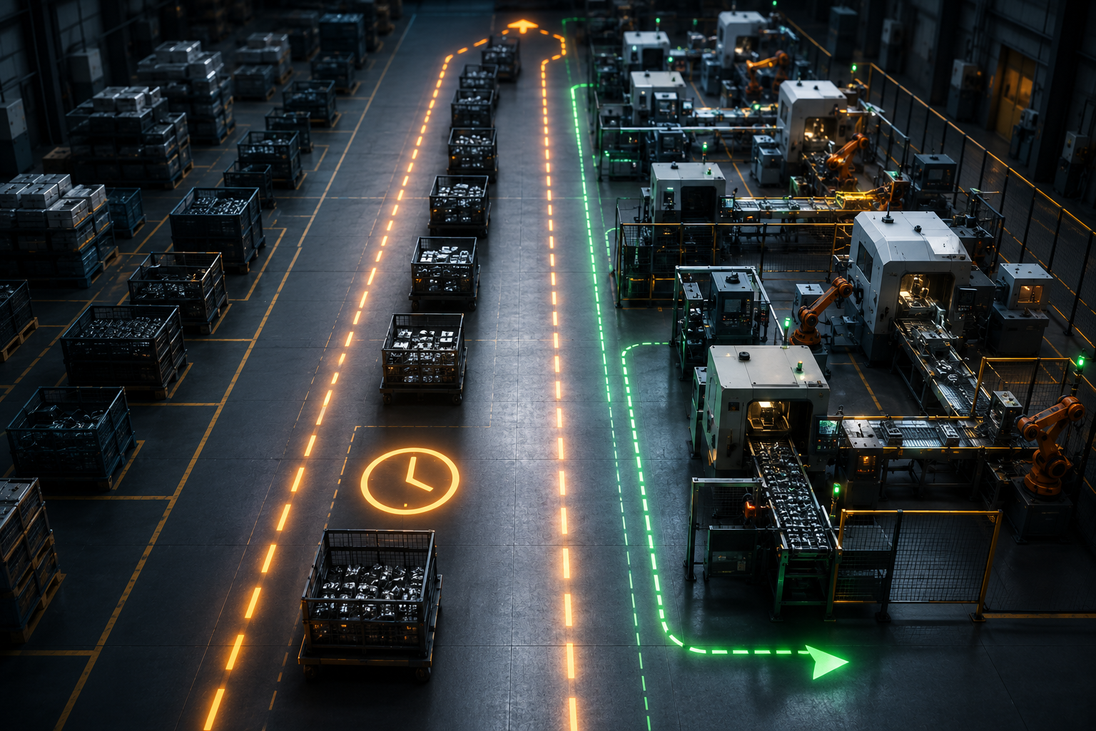 Parts waiting between operations while only a small share of lead time is processing