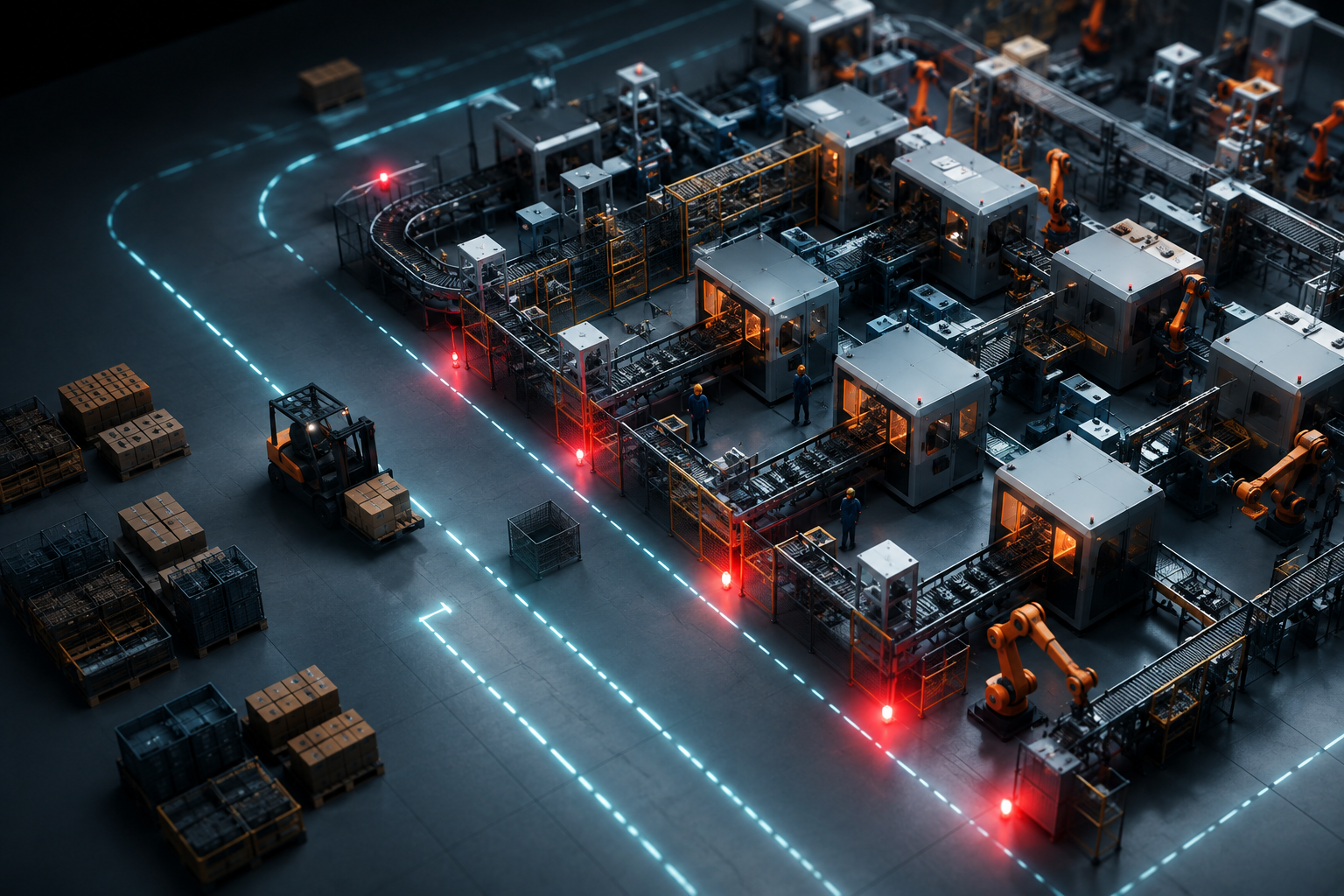 Factory floor with machines running at high utilisation while jobs wait in queue